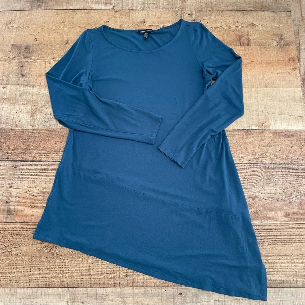 Eileen Fisher Jersey Knit Long Sleeve Top Assymetrical Hem Blue Size MEDIUM - Picture 1 of 7